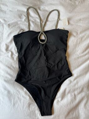 Black One-Piece Swimsuit with Decorative Straps